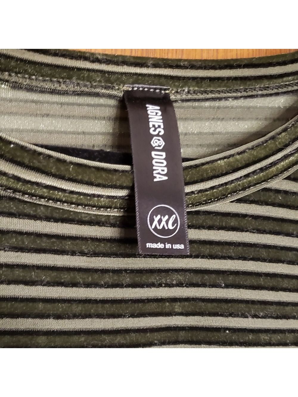 Agnes & Dora Olive Green Striped Velvet 3/4 Sleeve Top - Picture 2 of 5